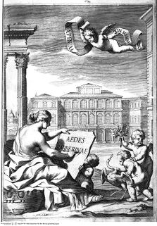 Aedes Barberinae ad Quirinalem. A Comite Hieronymo Tetio Perusino descriptae., Allegorical representation with Palazzo Barberini in the background (before the title page)