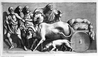 Aedes Barberinae ad Quirinalem. A Comite Hieronymo Tetio Perusino descriptae., Table I (p. 213): Transporting hunting prey on an ox cart (after antiquity)