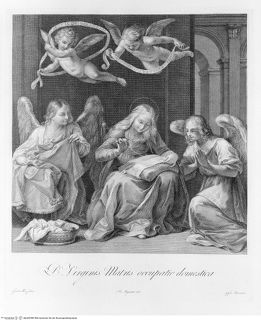 Pitture di Guido Reni nella Cappella Pontificia al Quirinale / incise da Giovanni Ottaviani in num. 15. fogli, Rom ohne JahrDie Jungfrau Maria beim Nähen; (tav. [11]) - Stichfolge nach den Gemälden Renis in der Cappella dell'Annunziata des Palazzo del Quirinale Rom