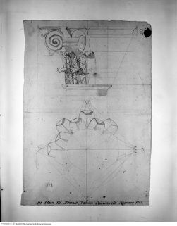 Stegreifprobe - Grundriss und Aufriss eines korinthischen Kompositkapitells - III classe: Rilievo dei ruderi del tempio di Giove StatoreProva estemporanea: pianta e prospetto di un capitello corinzio composito, penna e acquarello