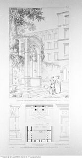 Édifices de Rome moderne ou Recueil des palais, maisons, églises, couvents, ... 2 Teile, 4 Bände, 2. Teil, Band 3, Tafel 250: Palazzo dei Penitenzieri, Innenhof mit Brunnen, Grundriss