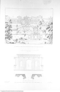 Édifices de Rome moderne ou Recueil des palais, maisons, églises, couvents, ... 2 Teile, 4 Bände, 2. Teil, Band 3, Tafel 264: Orti Farnesiani, Ansicht, Eingangstor, Grundriss des Eingangstors