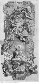 Aedes Barberinae ad Quirinalem. A Comite Hieronymo Tetio Perusino descriptae., board E [7]: Allegory: The Divina Providentia and the virtues (salon, midfield of the ceiling fresco)