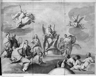 Aedes Barberinae ad Quirinalem. A Comite Hieronymo Tetio Perusino descriptae., board [12]: Allegory: The Divina Sapientia with the virtues (Sala 7 of Galleria Nazionale d 'Arte Antica, Ceiling fresco)