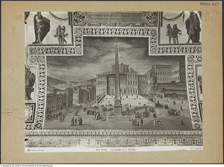 Vorderseite von Sansaini [https://www.deutsche-digitale-bibliothek.de/content/lizenzen/rv-ez/] Die Taten Sixtus' V.Piazza di San Pietro mit Obelisk, Sankt Peter im Bau - Gesamtansicht, bh000012_recto. Foto.