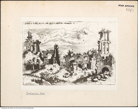Vorderseite von unbekannt [http://creativecommons.org/publicdomain/mark/1.0/] Praecipua aliquot Romanae antiquitatis ruinarum monumenta ...Palatin mit den Ruinen des Septizoniums - , bh000081_recto. Foto.