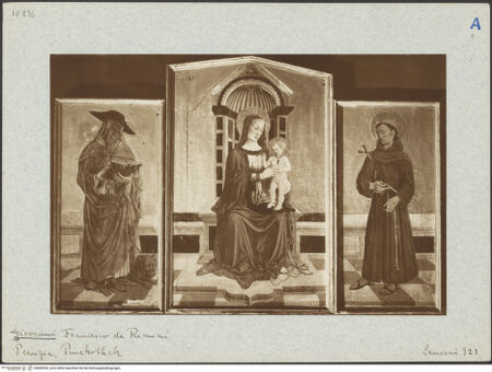 Vorderseite von Sansoni [http://creativecommons.org/publicdomain/mark/1.0/] Triptychon: Thronende Madonna mit den heiligen Hieronymus und Franziskus - , bh000555_recto. Foto.