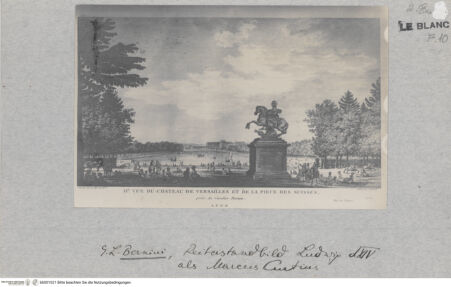 Vorderseite von unbekannt [http://creativecommons.org/publicdomain/mark/1.0/] Reiterstandbild Ludwig XIV. als Marcus Curtius in Versailles; II.e vue du Château de Versailles et de la piece des Suisses - , bh001021. Foto.