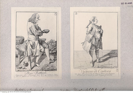 Vorderseite von  [http://creativecommons.org/publicdomain/mark/1.0/] "Alesio Matthioli"; "Virtuoso di Camera" (aus "Recueil di quelques dessins de plusieurs habiles maitres tires du cabinet de Mr. le Comte de Brühe", Dresden 1752) - , bh001041. Foto.