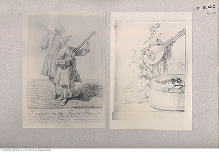 Vorderseite von  [http://creativecommons.org/publicdomain/mark/1.0/] "Domenico con Suo Fratello Bresciani"; zwei weitere Musiker (aus "Recueil di quelques dessins de plusieurs habiles maitres tirés du cabinet de Mr. le Comte de Brühl", Dresden 1752) - , bh001042. Foto.