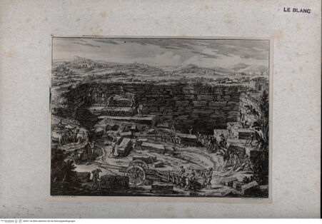 Vorderseite von Bibliotheca Hertziana [http://creativecommons.org/publicdomain/mark/1.0/] Die Gewinnung von Travertin (aus: Castelli e ponti Maestro Niccoló Zabaglia..., Roma 1824, tav.XIV) - , bh001136. Foto.