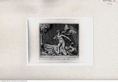 Vorderseite von  [http://creativecommons.org/publicdomain/mark/1.0/] Nackter Knabe mit Hund an einer Leine - , bh001272. Foto.