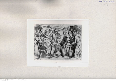 Vorderseite von  [http://creativecommons.org/publicdomain/mark/1.0/] Melchisedek bietet Abraham Brot und Wein an - , bh001433. Foto.