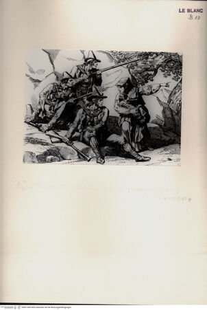 Vorderseite von Bibliotheca Hertziana [http://creativecommons.org/publicdomain/mark/1.0/] Nuova raccolta di cinquanta costumi de' contorni di Roma compresi diversi fatti di briganti : cominciati l'anno 1819, compiti nel 1822 / disegnati ed incisi all'acqua forte da Bartolomeo Pinelli, Roma : Gio. Scudellari, 1823Briganten werden vor einem Angriff gewarnt; tav.[38] - , bh001490. Foto.