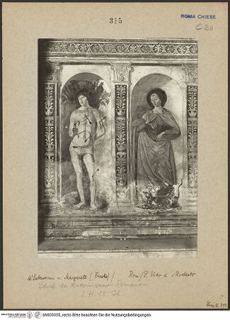 Vorderseite von ICCD [https://www.deutsche-digitale-bibliothek.de/content/lizenzen/rv-ez/] Madonna zwischen den Heiligen Modestus und Creszentia, darunter die Heiligen Vitus, Margarethe und Sebastian - Die Heiligen Margarethe und Sebastian, bh003335_recto. Foto.