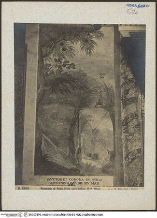 Vorderseite von unbekannt [https://rightsstatements.org/page/CNE/1.0/] FreskenzyklusMärtyrerlandschaften (untere Wandzone) - Die Märtyrer Viktor und Corona in Syrien, Eingangswand, links, bh003396_recto. Foto: Moscioni, Romualdo.