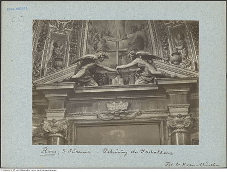 Vorderseite von unbekannt [https://www.deutsche-digitale-bibliothek.de/content/lizenzen/rv-fz/] Szenen aus der Vita der heiligen SusannaApsiskalotte mit der Glorie der heiligen Susanna, Engeln und Christus, der die Märtyrerkrone hinabreicht - Detail: heilige Susanna, Bekrönung des Hochaltars, bh003405_recto. Foto: Evers, Hans Gerhard.