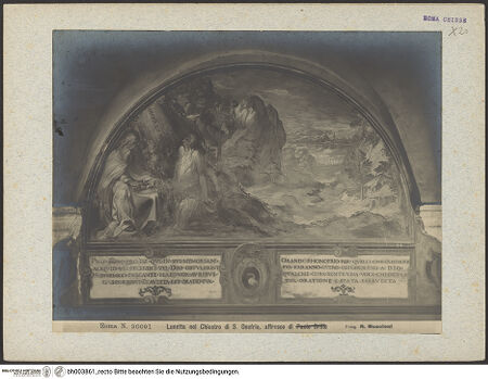 Vorderseite von unbekannt [https://www.deutsche-digitale-bibliothek.de/content/lizenzen/rv-fz/] Lünetten mit Szenen aus dem Leben des heiligen OnuphriusDie heiligen Onuphrius und Paphnutius betend in der Zelle - Gesamtansicht, bh003861_recto. Foto: Moscioni, Romualdo.