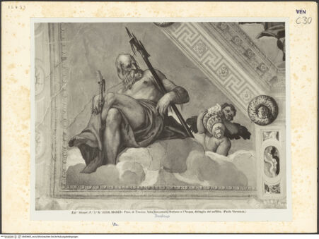 Vorderseite von Alinari [https://www.deutsche-digitale-bibliothek.de/content/lizenzen/rv-ez/] Illusionistische AusmalungDarstellung des Olymp und Personifikationen der Jahreszeiten; Höflinge und Hofdamen auf scheinarchitektonischen Brüstungen - Detail: Neptun oder Wasser, bh004603_recto. Foto.