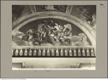 Vorderseite von Alinari [https://www.deutsche-digitale-bibliothek.de/content/lizenzen/rv-ez/] Illusionistische AusmalungDarstellung des Olymp und Personifikationen der Jahreszeiten; Höflinge und Hofdamen auf scheinarchitektonischen Brüstungen - Detail: Allegorie von Sommer und Herbst, bh004609_recto. Foto.