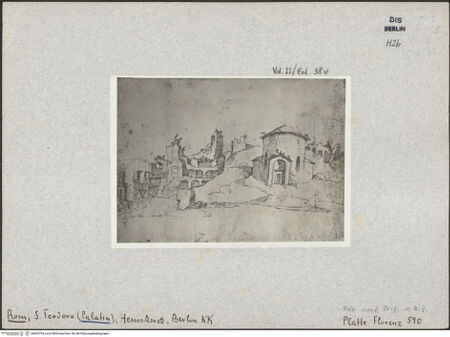 Vorderseite von Kunsthistorisches Institut in Florenz [https://www.deutsche-digitale-bibliothek.de/content/lizenzen/rv-ez/] Heemskerck-Album IISan Teodoro und die domitianischen Annexbauten der Domus Tiberiana - , bh004794_recto. Foto.