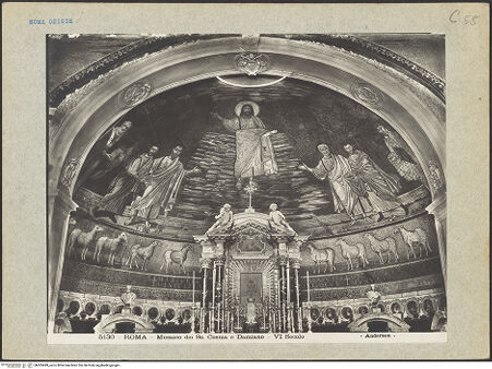 Vorderseite von Alinari [https://www.deutsche-digitale-bibliothek.de/content/lizenzen/rv-ez/] Christus Pantokrator zwischen den Heiligen Petrus, Paulus, Kosmas und Damian, Theodor und Felix - Gesamtansicht, bh005489_recto. Foto.