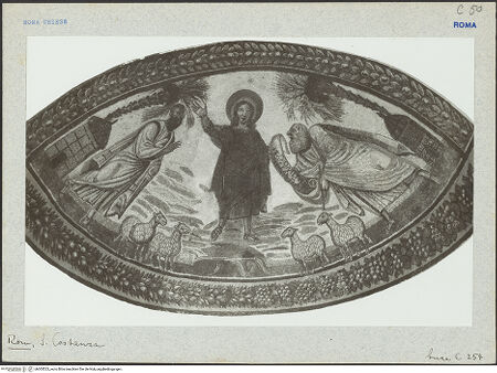 Vorderseite von ICCD [https://www.deutsche-digitale-bibliothek.de/content/lizenzen/rv-ez/] Römisches Mosaik mit Christus, Petrus und Paulus - Traditio legis - Gesamtansicht, bh005523_recto. Foto.