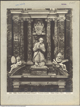 Vorderseite von Alinari [https://www.deutsche-digitale-bibliothek.de/content/lizenzen/rv-ez/] Grabmal des Bischofs Giorgio Bolognetti - Frontalansicht: Giebel und Figuren, bh005835_recto. Foto.