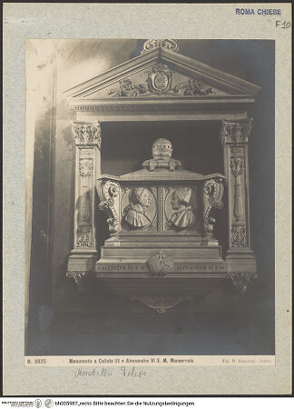 Vorderseite von Moscioni, Rom [https://www.deutsche-digitale-bibliothek.de/content/lizenzen/rv-ez/] Grabmal der Päpste Calixtus III. (Borgia) und Alexander VI. (Borgia) - gesamt, Frontalansicht, bh005987_recto. Foto.