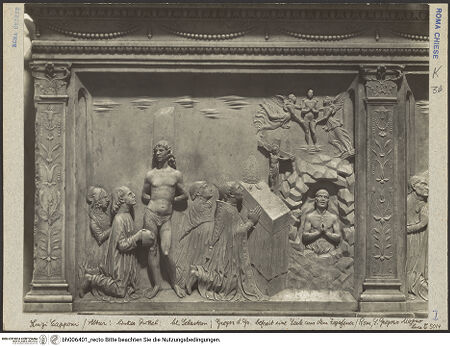 Vorderseite von ICCD [https://www.deutsche-digitale-bibliothek.de/content/lizenzen/rv-ez/] Antependium mit Szenen aus dem Leben des Heiligen Gregorius MagnoLinkes Relief: Heiliger Sebastian und Gregor der Große befreien eine Seele aus dem Fegefeuer - Linkes Relief: Heiliger Sebastian und Gregor der Große befreit eine Seele aus dem Fegefeuer, bh006401_recto. Foto.