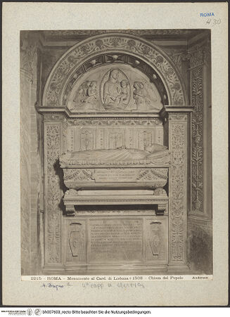 Vorderseite von Alinari [https://www.deutsche-digitale-bibliothek.de/content/lizenzen/rv-ez/] Grabmal des Kardinals Giorgio Costa von Lissabon (+1508) - Gesamtansicht, bh007603_recto. Foto.