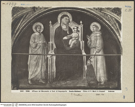 Vorderseite von Alinari [https://www.deutsche-digitale-bibliothek.de/content/lizenzen/rv-ez/] Grabmonument von Kardinal Matteo AquaspartaThronende Maria mit Kind, der heilige Matthäus und der heilige Franziskus, der den knienden Stifter Matteo Aquasparta empfiehlt - Gesamtansicht, bh008055_recto. Foto.