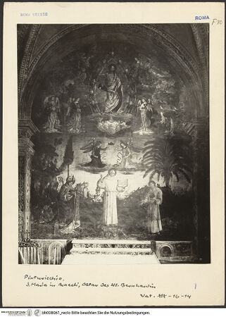 Vorderseite von Archivio Fotografico Musei Vaticani [https://www.deutsche-digitale-bibliothek.de/content/lizenzen/rv-ez/] Szenen aus dem Leben des heiligen Bernhardin von SienaChristus in der Mandorla und die Heiligen Berhardin, Antonius von Padua und Ludwig von Toulouse - Gesamtansicht, bh008061_recto. Foto.