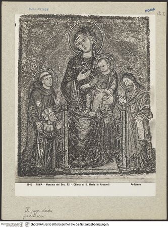 Vorderseite von Alinari [https://www.deutsche-digitale-bibliothek.de/content/lizenzen/rv-ez/] Thronende Madonna mit Kind, Johannes der Täufer und der heilige Franziskus, der einen Stifter heranführt - , bh008164_recto. Foto.