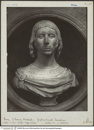 Vorderseite von Bibliotheca Hertziana [https://www.deutsche-digitale-bibliothek.de/content/lizenzen/rv-fz/] Grabmal von Giovanni Battista Cavalieri (gestorben 1507) - Detail, Portraitbüste, bh008186_recto. Foto.