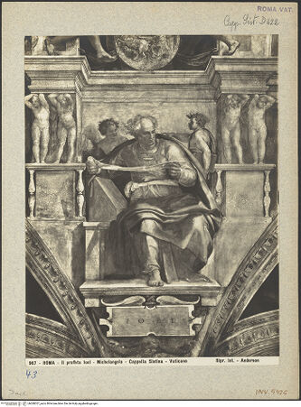 Vorderseite von Alinari [https://www.deutsche-digitale-bibliothek.de/content/lizenzen/rv-ez/] Die Sixtinische DeckePropheten und SibyllenJoel - , bh008357_recto. Foto.