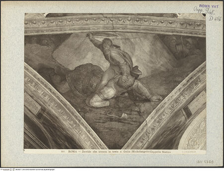 Vorderseite von Alinari [https://www.deutsche-digitale-bibliothek.de/content/lizenzen/rv-fz/] Die Sixtinische DeckeSzenen des Alten TestamentsDavid enthauptet Goliath - , bh008371_recto. Foto.
