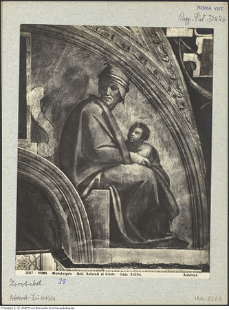 Vorderseite von Alinari [https://www.deutsche-digitale-bibliothek.de/content/lizenzen/rv-fz/] Die Sixtinische DeckeDie Vorfahren ChristiZorobabel, Abiud und Eliachim - Detail, Figurengruppe der rechten Hälfte, bh008379_recto. Foto.