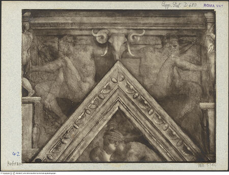 Vorderseite von unbekannt [https://www.deutsche-digitale-bibliothek.de/content/lizenzen/rv-fz/] Die Sixtinische DeckeDie Vorfahren ChristiRoboam und Abias - Detail über der Stichkappe, bh008387_recto. Foto.