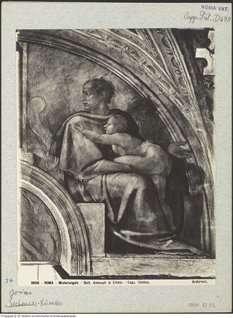 Vorderseite von Alinari [https://www.deutsche-digitale-bibliothek.de/content/lizenzen/rv-fz/] Die Sixtinische DeckeDie Vorfahren ChristiJosias, Jechoniam, Salatiel - Detail, rechte Lünettenhälfte, bh008404_recto. Foto.
