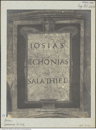 Vorderseite von unbekannt [https://www.deutsche-digitale-bibliothek.de/content/lizenzen/rv-fz/] Die Sixtinische DeckeDie Vorfahren ChristiJosias, Jechoniam, Salatiel - Detail, bh008405_recto. Foto.