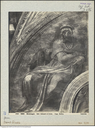 Vorderseite von Alinari [https://www.deutsche-digitale-bibliothek.de/content/lizenzen/rv-fz/] Die Sixtinische DeckeDie Vorfahren ChristiJesse, David und Salomon - Detail, linke Lünettenhälfte, bh008415_recto. Foto.