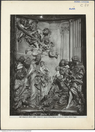 Vorderseite von Alinari [https://www.deutsche-digitale-bibliothek.de/content/lizenzen/rv-ez/] Tod der heiligen Cäcilia im Beisein von Papst Paschalis I. und dem heiligen Maximus - Gesamtansicht, bh008778_recto. Foto.