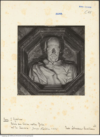 Vorderseite von Bibliotheca Hertziana [https://www.deutsche-digitale-bibliothek.de/content/lizenzen/rv-fz/] Grabmal für Giacomo Baldini - Detail: Büste, bh008852_recto. Foto: Lehmann-Brockhaus, Otto.