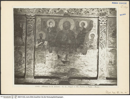 Vorderseite von Archivio Fotografico Musei Vaticani [https://www.deutsche-digitale-bibliothek.de/content/lizenzen/rv-ez/] Szenen aus dem Leben und der Passion Christi, verschiedene Märtyrer und Szenen aus der Vita der Heiligen Urban und CaeciliaSegnender Christus, flankiert von zwei Engeln, Petrus und Paulus - Gesamtansicht, bh011322_recto. Foto: Moscioni, Romualdo.