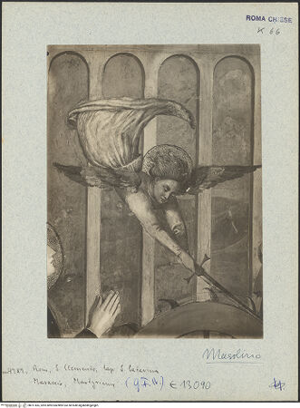 Vorderseite von ICCD [https://www.deutsche-digitale-bibliothek.de/content/lizenzen/rv-ez/] Szenen aus dem Leben der heiligen Katharina von AlexandrienMartyrium der heiligen Katharina: das Rad mit eisernen Nägeln wird von einem Engel mit dem Schwert zerstört - Detail: der Engel, bh011465_recto. Foto.