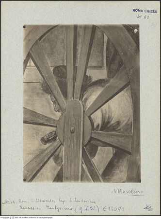 Vorderseite von ICCD [https://www.deutsche-digitale-bibliothek.de/content/lizenzen/rv-ez/] Szenen aus dem Leben der heiligen Katharina von AlexandrienMartyrium der heiligen Katharina: das Rad mit eisernen Nägeln wird von einem Engel mit dem Schwert zerstört - Detail: das Rad, bh011466_recto. Foto.