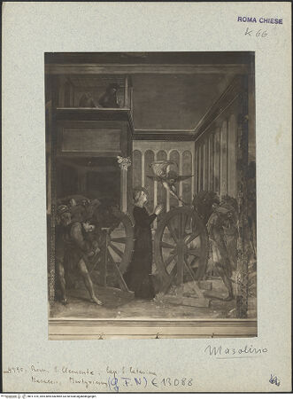 Vorderseite von ICCD [https://www.deutsche-digitale-bibliothek.de/content/lizenzen/rv-ez/] Szenen aus dem Leben der heiligen Katharina von AlexandrienMartyrium der heiligen Katharina: das Rad mit eisernen Nägeln wird von einem Engel mit dem Schwert zerstört - , bh011470_recto. Foto.