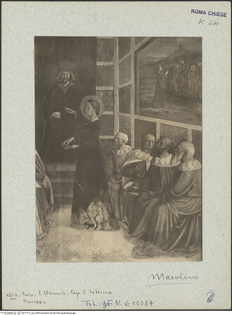 Vorderseite von ICCD [https://www.deutsche-digitale-bibliothek.de/content/lizenzen/rv-ez/] Szenen aus dem Leben der heiligen Katharina von AlexandrienDisput der heiligen Katharina mit fünfzig Philosophen im Beisein des Kaisers Maxentius - , bh011471_recto. Foto.