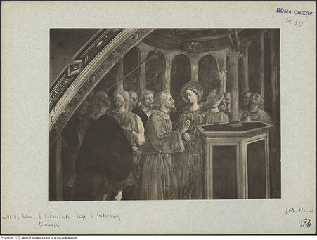 Vorderseite von ICCD [https://www.deutsche-digitale-bibliothek.de/content/lizenzen/rv-ez/] Szenen aus dem Leben der heiligen Katharina von AlexandrienDie heilige Katharina verweigert die Anbetung heidnischer Götterstatuen vor Kaiser Maxentius - , bh011479_recto. Foto.